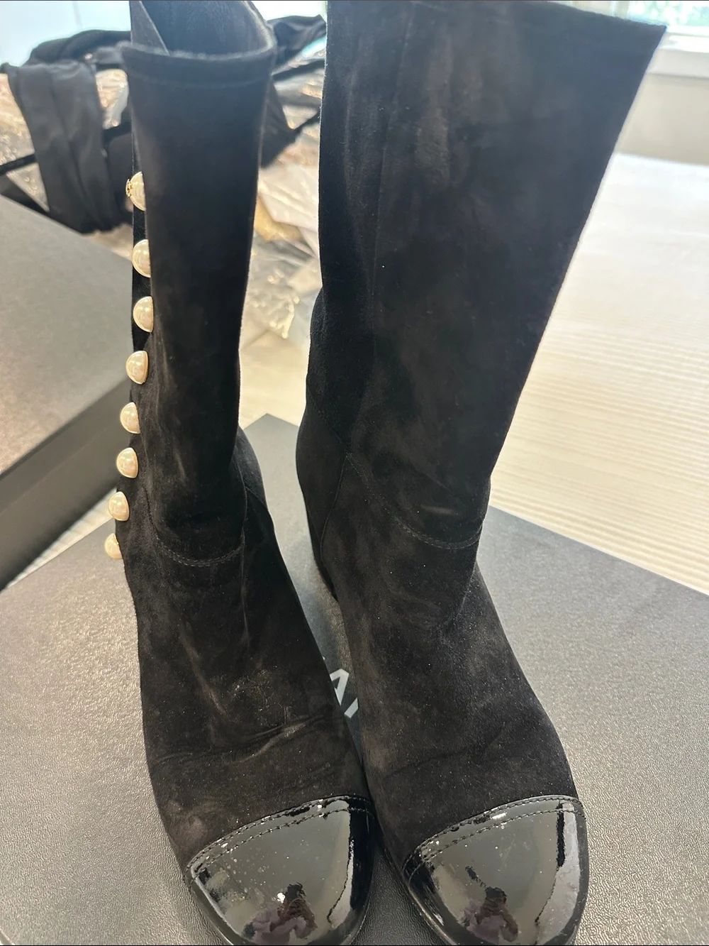 CHANEL Black Suede Mid-Calf Boots with Pearl Button Trim